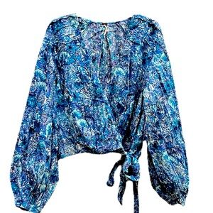 Free People Party Playlist Blouse Wrap Puff Sleeve Floral Blue SZ L